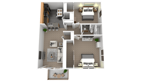 a floor plan of a two bedroom apartment with two beds and a balcony